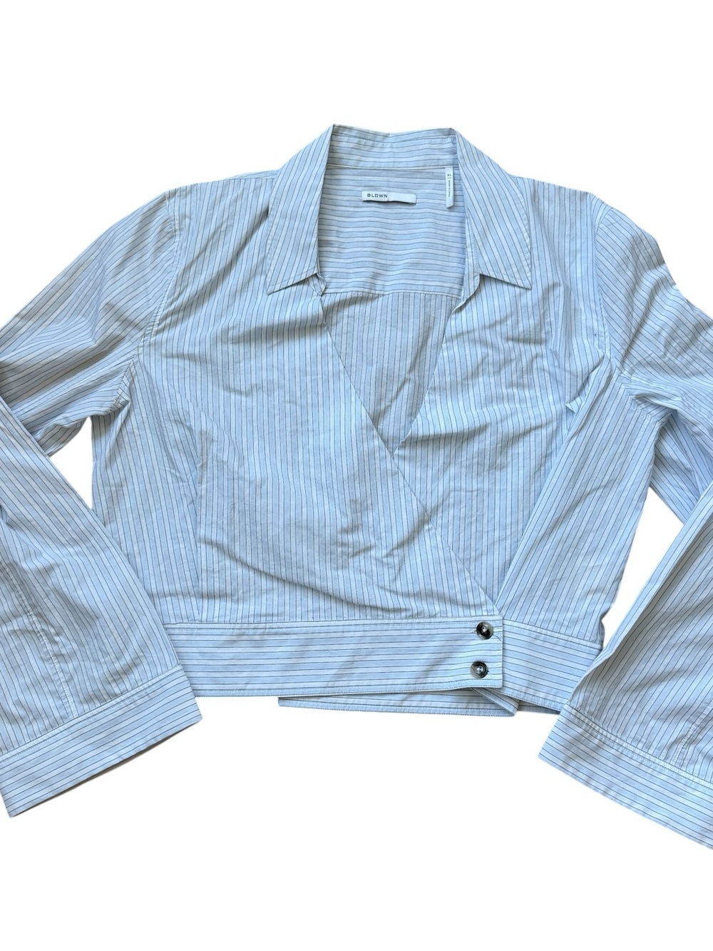 BLDWN Isla Wrap Blouse XL Blue Pinstripe Cotton Bell Sleeve Poplin Top Coastal